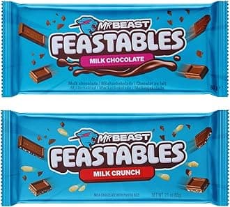 Feastables Mrbeast Milk Chocolate, Creamy Healthy Snack Individually Wrapped Bars for Dessert, Snacks Treats for Kids Small Gifts Presents (2× 60g, Milk Chocs & Milk Crunch)