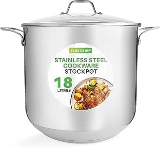 NutriChef Stainless Steel Stock Pot 19L, 18/8 Food Grade Heavy Duty Large Induction Pot with Lid, Soup, Stew, Boiling, Cooking Pot, Durable Kitchen Cookware, ['Silver']