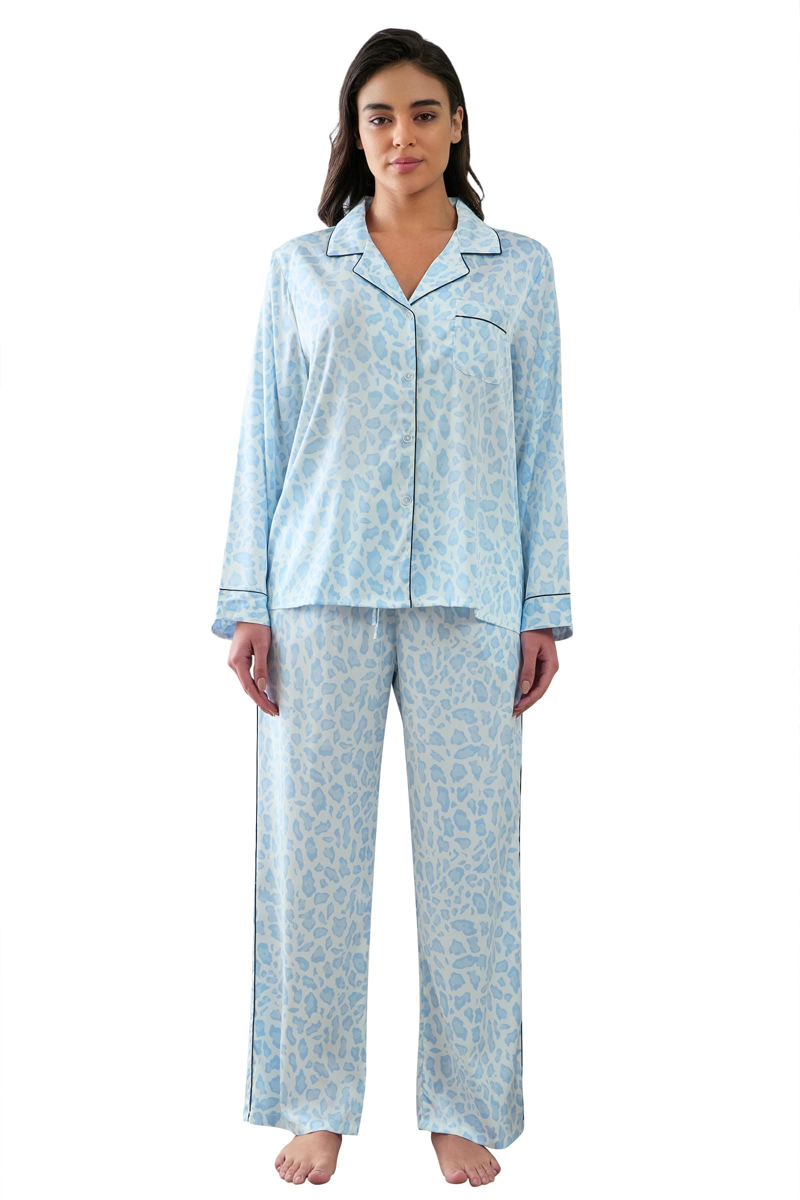 Womens Silk Satin Pajamas Set Button Down 2 Piece Pjs Long Sleeve Oversized Sleepwear with Pockets