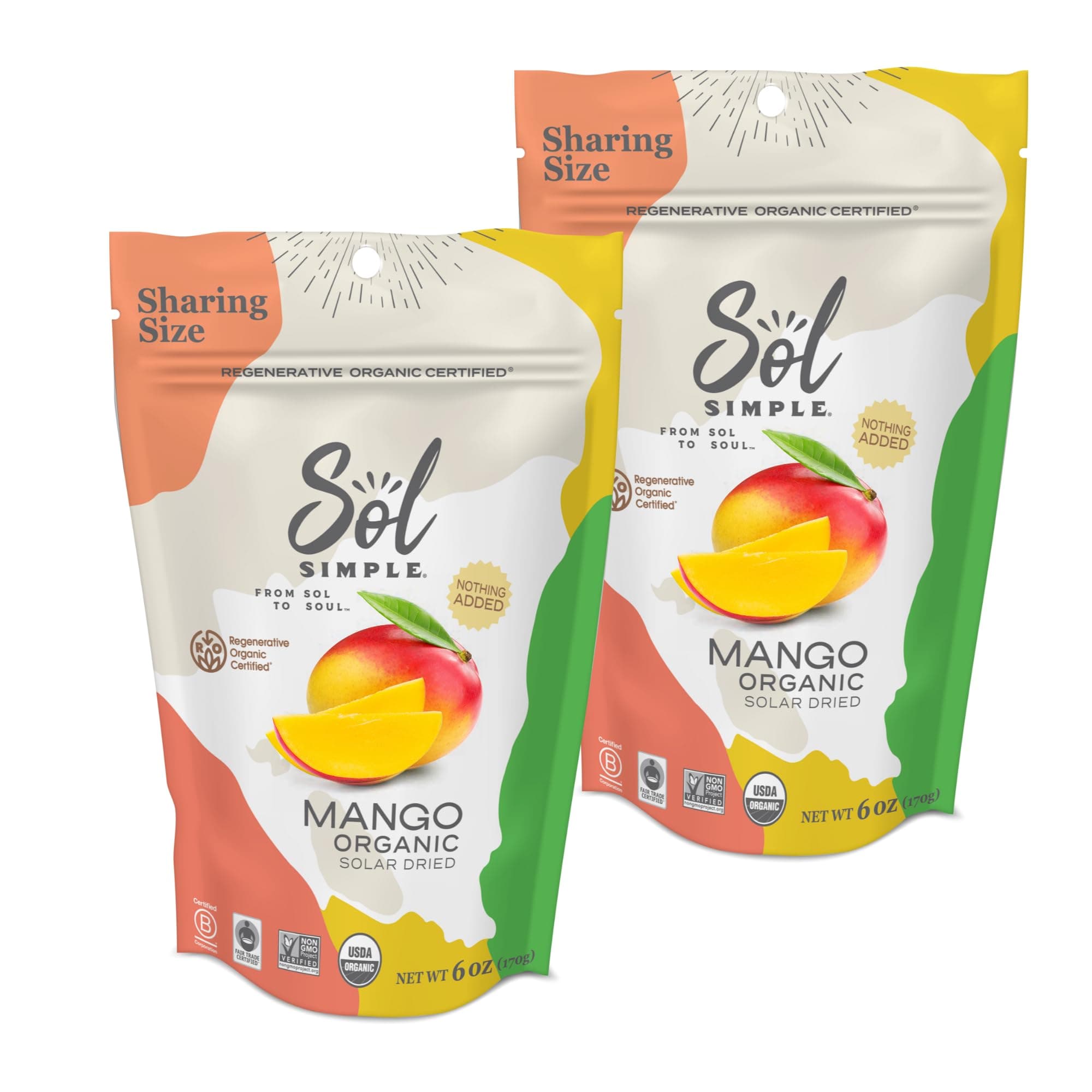 SOL SIMPLE Organic Dried Mango | 6oz Snack Pack (2 Bags Total) | One Ingredient | Vegan | Non-GMO | No Added Sugar | Fair Trade | Dried Fruit | Mango