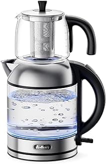 Feller Germany Teamaker 2-in-1 2200W, 2 Litre Glass Kettle +1 Litre Teapot by German Technology, STRIX, Keep Warm and Boil Dry and Overheat, Steel Teapot Kit