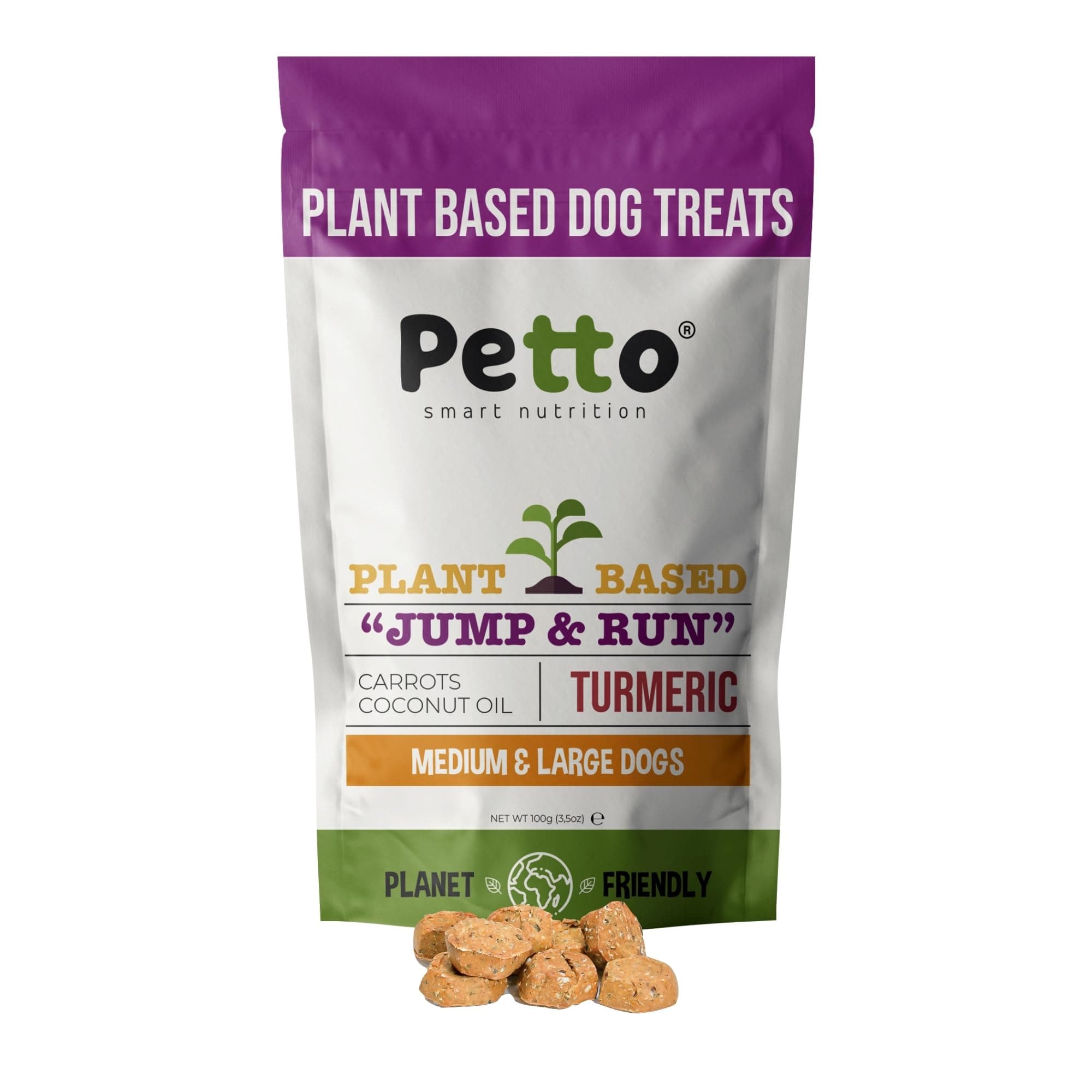 Petto Plant-Based Hypoallergenic Dog Treats 100g | Healthy & Meat-Free Training Bites | Human Grade & Bakery Made with Carrots, Coconut Oil & Turmeric