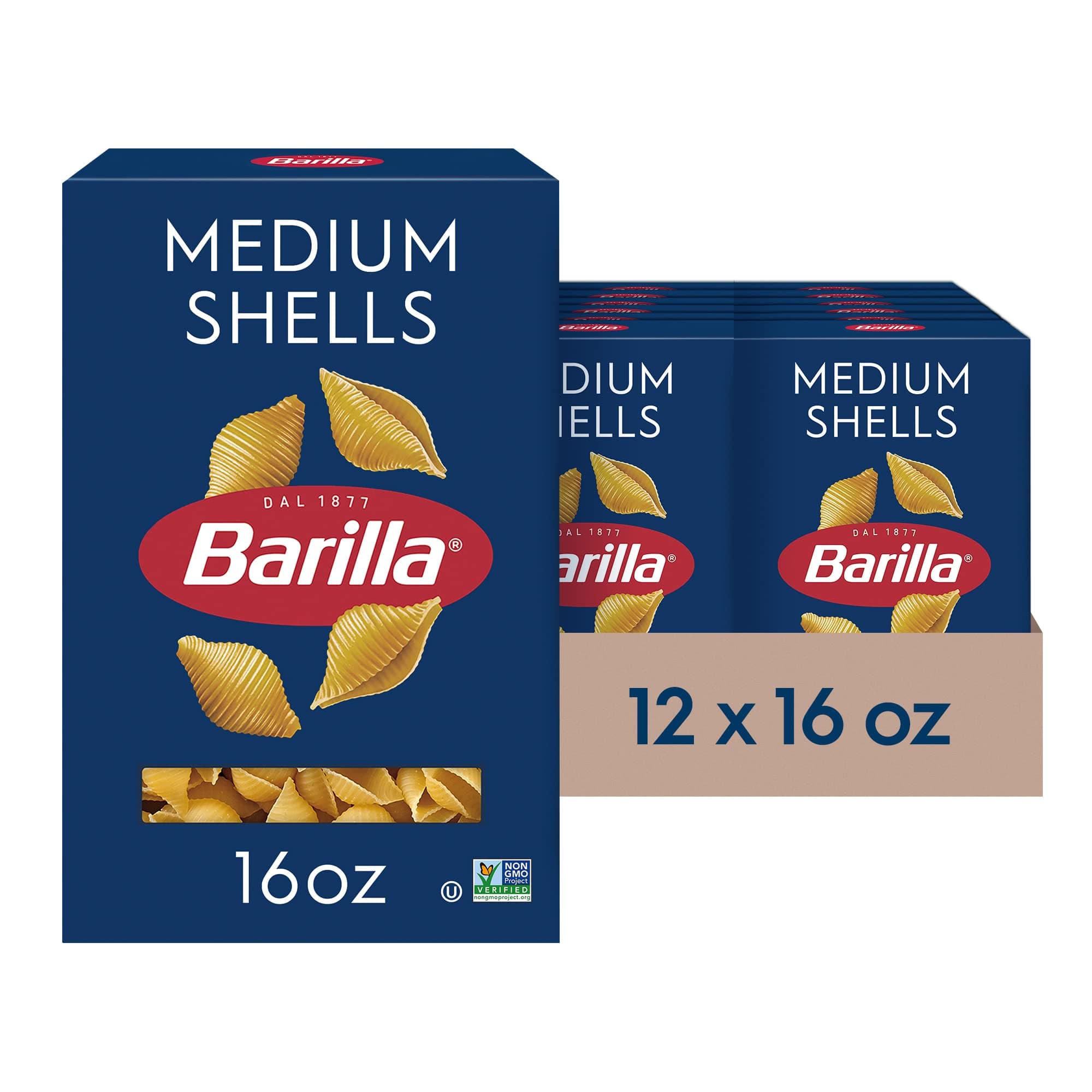 Barilla Medium Shells Pasta, 16 oz. Box (Pack of 12) - Non-GMO, Made with Durum Wheat Semolina - Kosher Certified