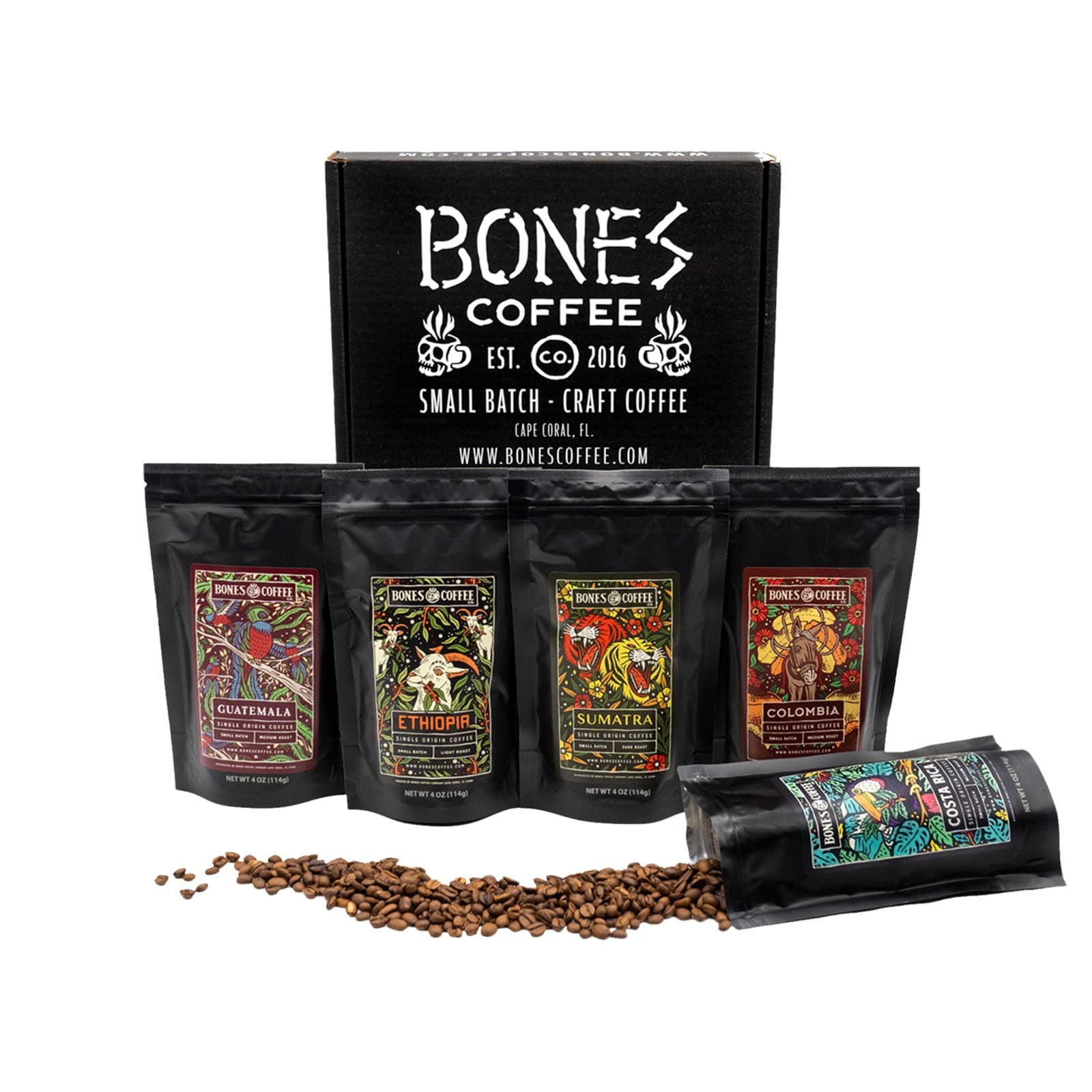 Bones Coffee Company NEW World Tour Sample Pack, Single-Origin Flavored Coffee Low Acid Medium Roast Arabica Beans Specialty Coffee Gifts Compatible Auto Drip and French Press, 4 oz Pack of 5 Ground