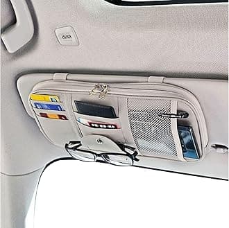 Da by Car Sun Visor Organizer, Multi-Pocket Visor Organizer Storage Pouch for Cars, SUVs & Trucks with Double Zippers, Elastic Bands & Glasses Clip - Organizes Essentials Keep Tidy (Cream Grey)