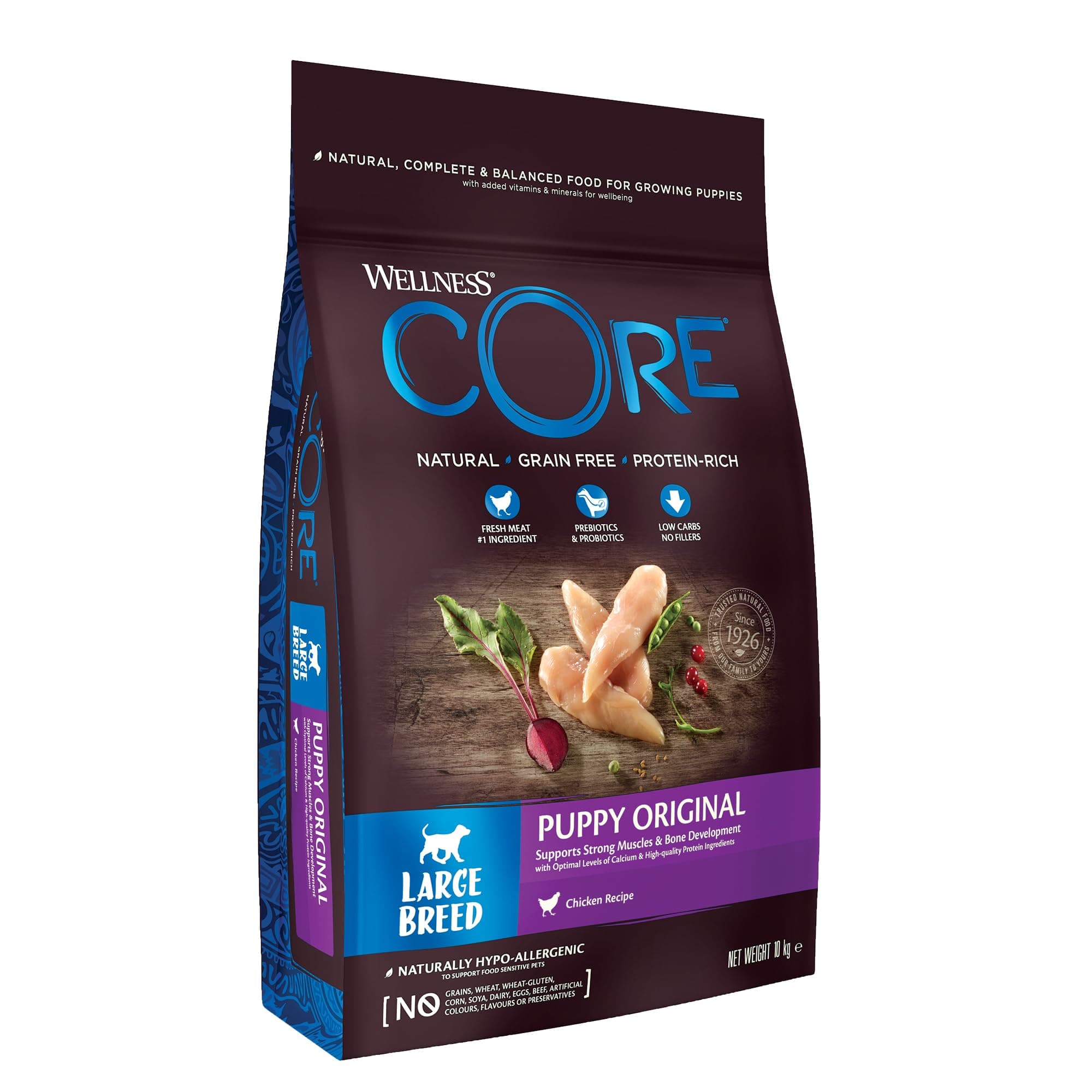 Wellness CORE Puppy 10 kg, Chicken – Dry Dog Food for Large Breed Puppies, Grain-Free, Natural, Hypoallergenic, Protein-Rich, High Meat Content, Supports Brain & Eye Development