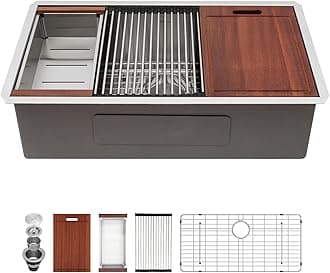 Sarlai 30 Kitchen Sink Stainless Steel - 30 Inch Kitchen Sink Undermount Ledge Workstation 16 Gauge Stainless Steel Single Bowl Rectangular Under Counter Kitchen Sinks with Accessories