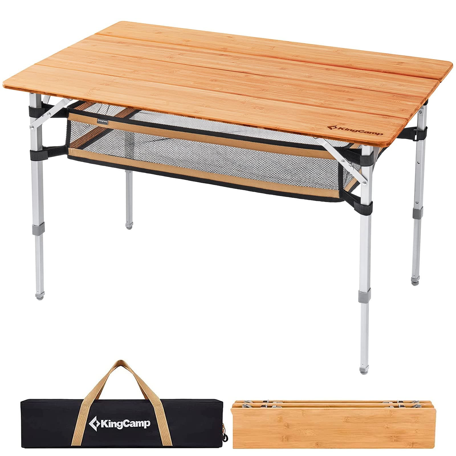 Bamboo Folding Camping Table Adjustable. Supports 176lbs with A Premium Bamboo Top and 3 Adjustable Heights, Ideal for Stable Dining or Cooking at Picnics, RVs, and Glamping Sites