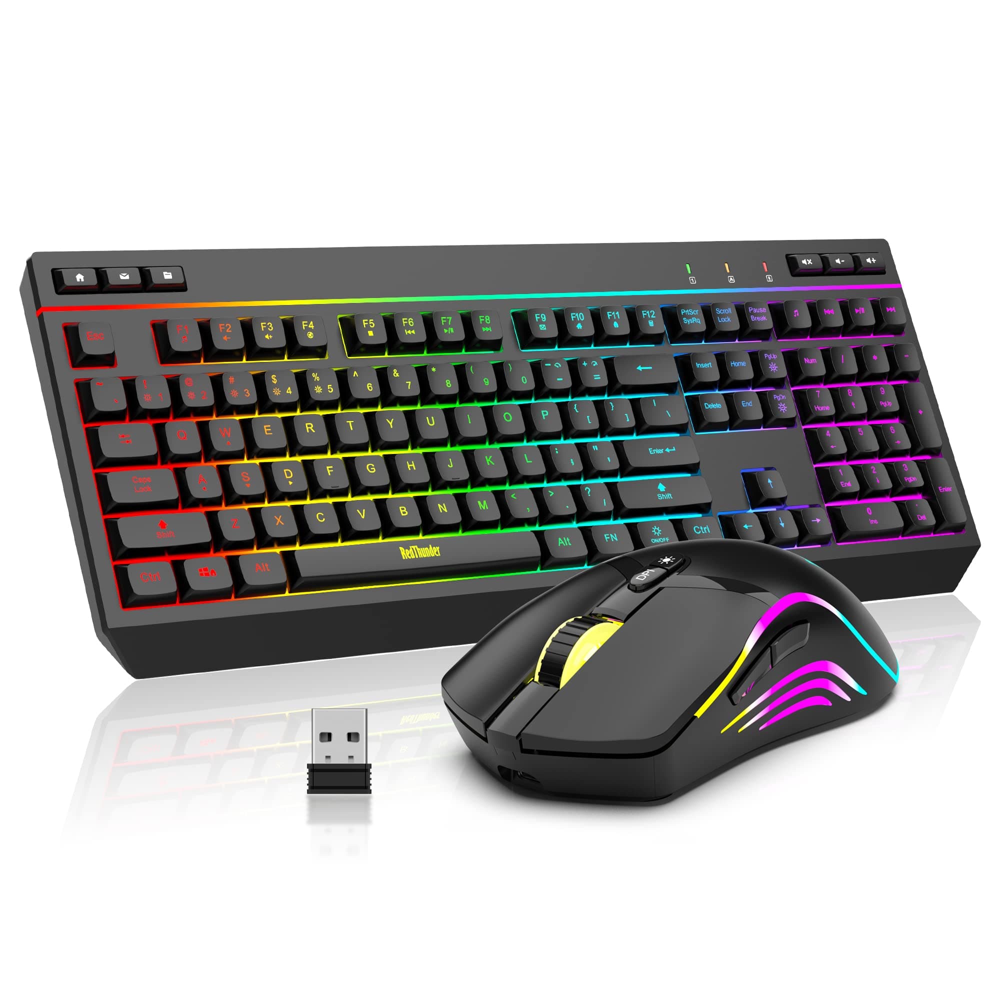 RedThunder K20 Wireless Keyboard and Mouse Combo, Full Size Anti-Ghosting Keyboard with Multimedia Keys + 7D 4800DPI Optical Mice, Rechargeable RGB Gaming/Office Set for PC Laptop Mac Xbox (Black)