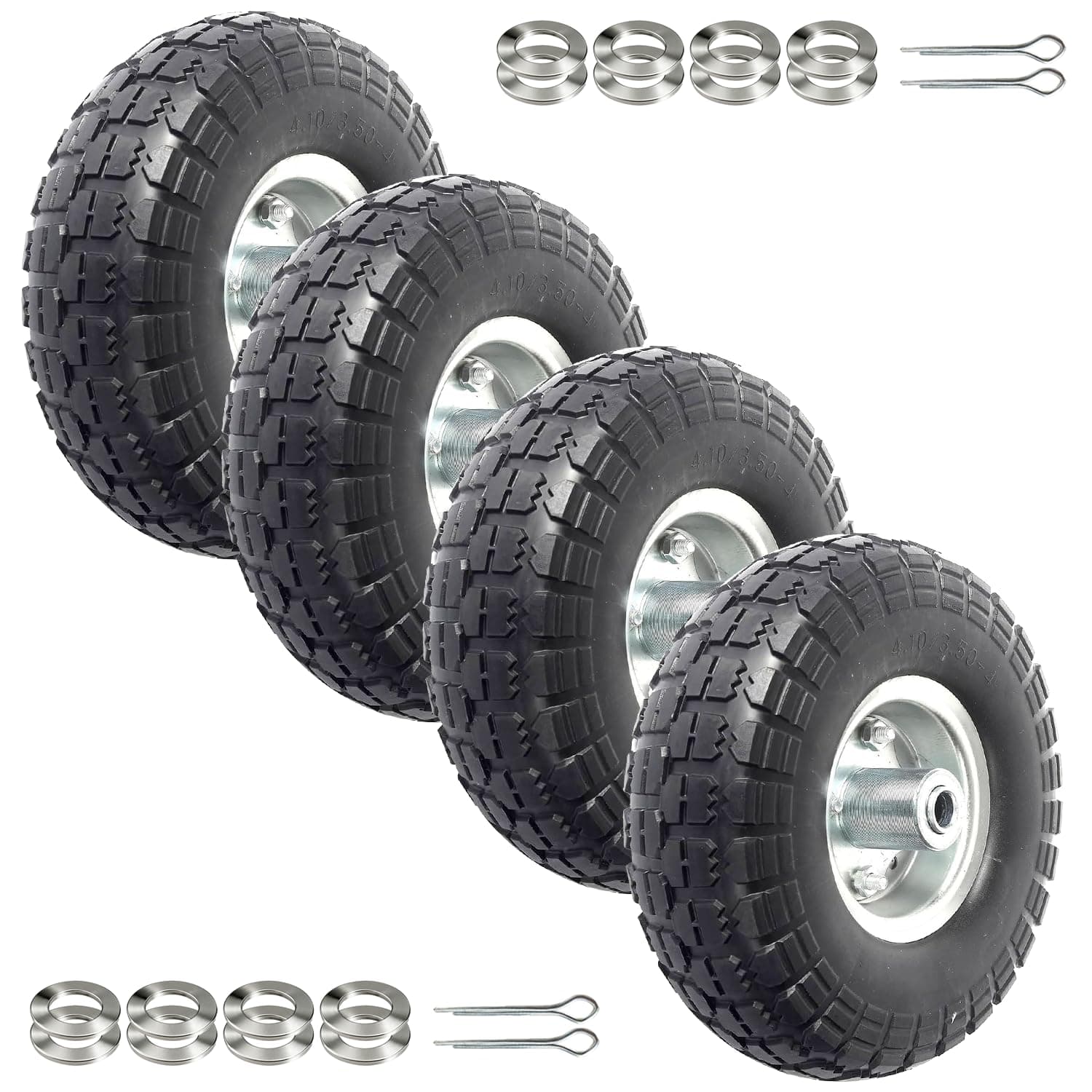 (4-Pack) 10-Inch Solid Rubber Tire Wheels - Replacement 4.10/3.50-4" Flat Free Tire with 5/8" Bearings, 2.2" Offset Hub - Perfect for Lawn Garden Cart, Hand Truck, Wheelbarrow, Utility Cart