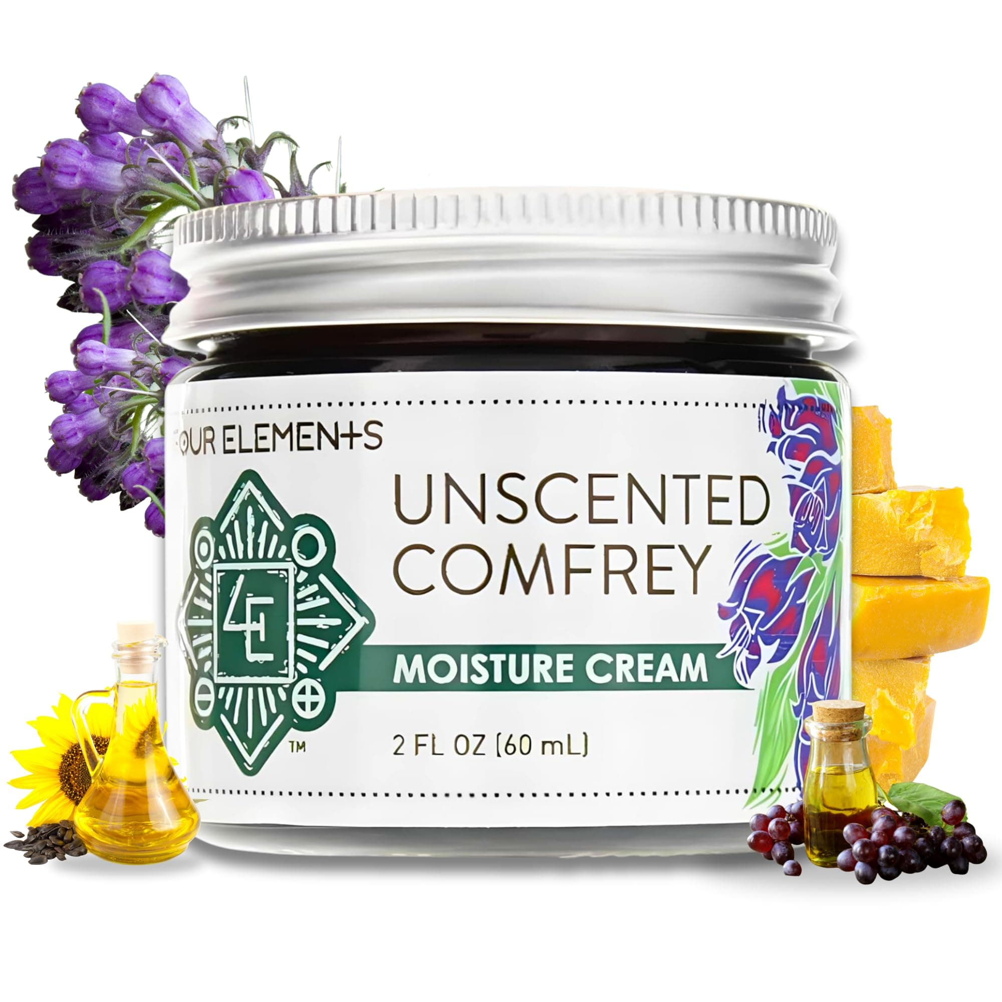 Unscented Comfrey Cream Four Elements Organic Herbals 2 oz Cream