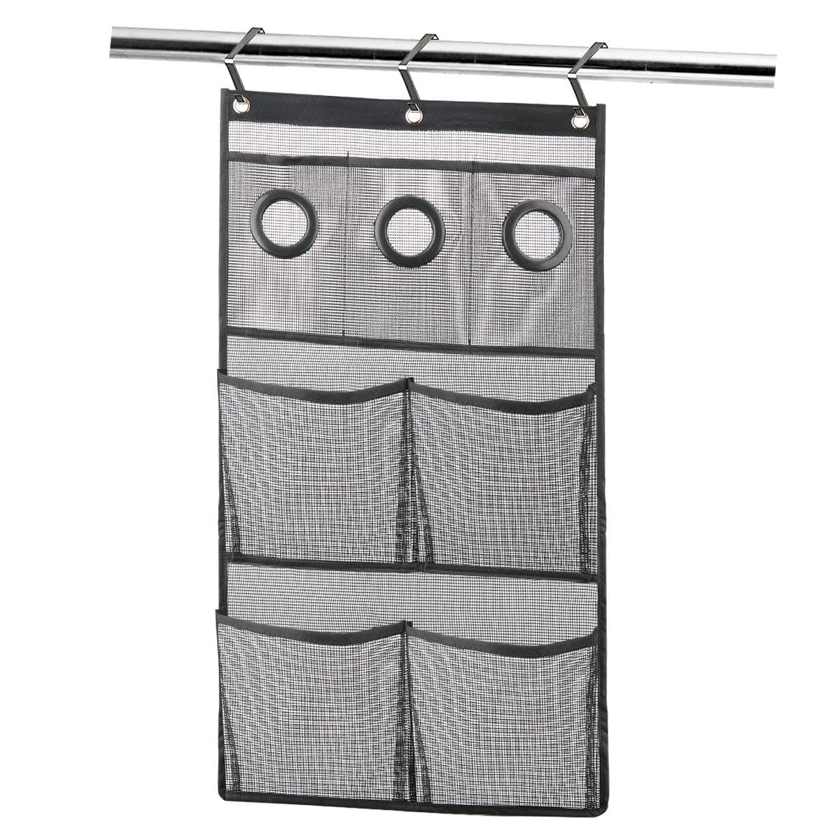 Quick Dry Hanging Mesh Shower Caddy Bath Organizer with 7 Pockets, Hang on Shower Curtain Rod / Liner Hooks/Door for Bathroom Accessories Organization,Space Saving,Black