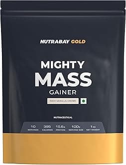 Nutrabay Gold Mighty Mass Gainer Powder - 1kg, Rich Vanilla Creme | 15.6g Protein, 82g Carbs, 395 Calories | 100% Veg | Vitamins & Minerals Rich Muscle Building Supplement for Men & Women