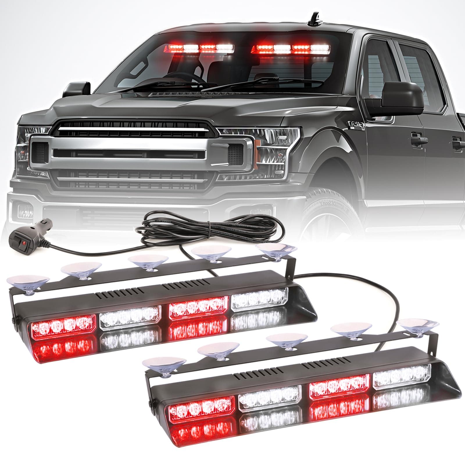2 in 1 LED Emergency Dash Strobe Light Bar Front/Rear Windshield Safety Flashing Warning Hazard Interior Lights for Police Firefighter Construction Vehicles Trucks (2x14 inch, Red/White)