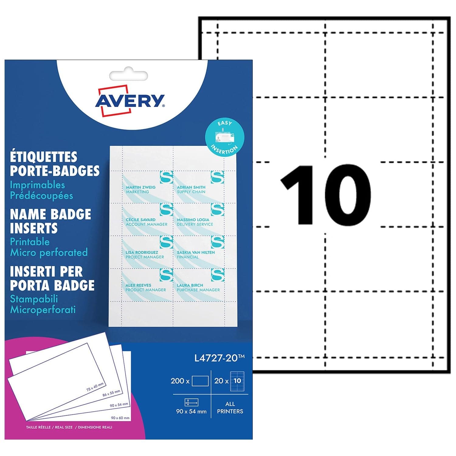 Avery L4727-20 Printable Name Badge Insert Refills – 90 x 54 mm, White, Pack of 200 Inserts