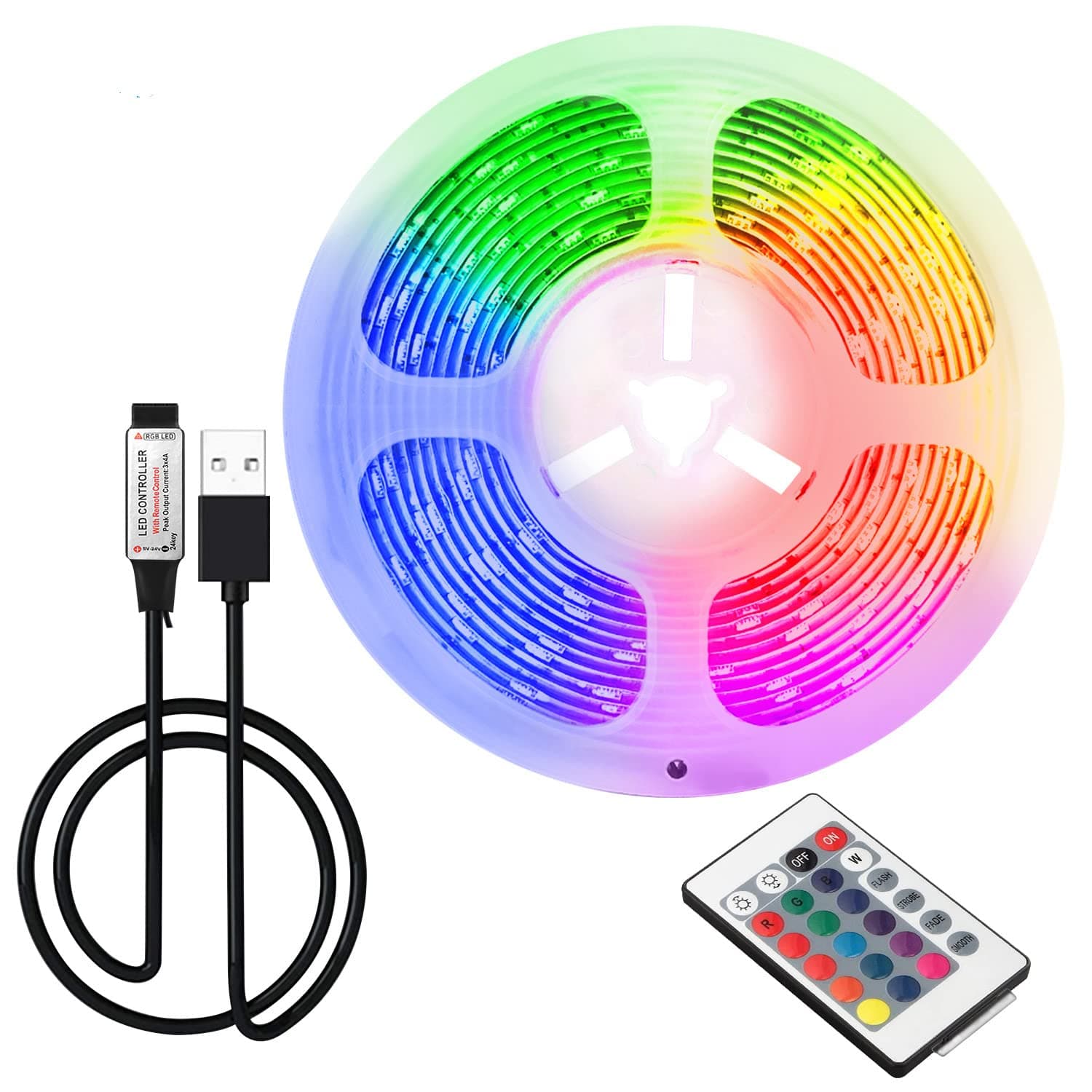 6.56ft/2M USB LED Strip Lights, 5 Volts 16 Color 5050 LED,24 Keys Remote DIY Indoor Decoration, for TV Backlight,