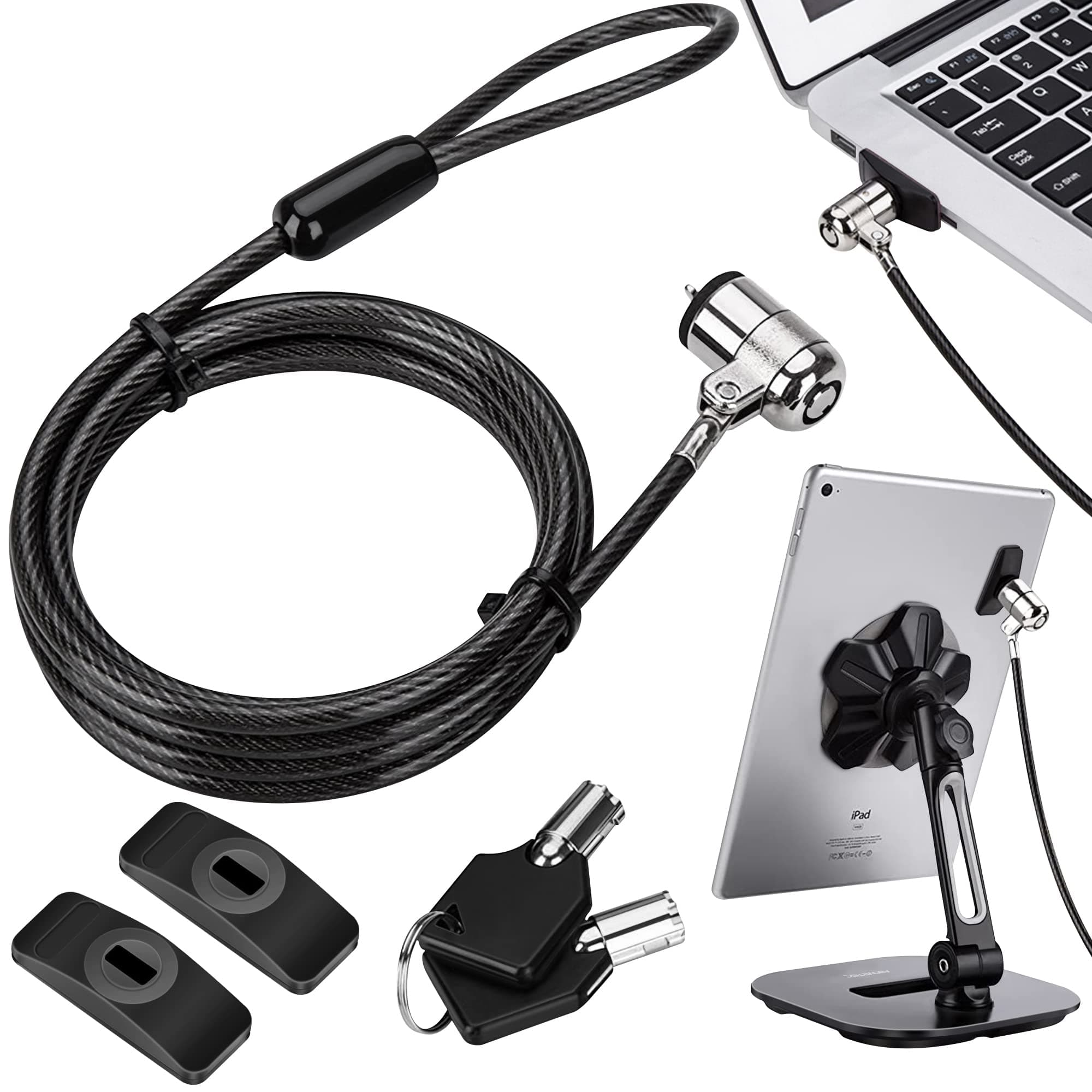 AboveTEK Laptop Lock, Tablet Lock Security Cable, 2 Keys Sturdy Steel iPad Locking Kit w/Adhesive Anchors, Anti Theft Hardware Protection for iPhone Mobile Notebook Computer Monitor MacBook Laptop