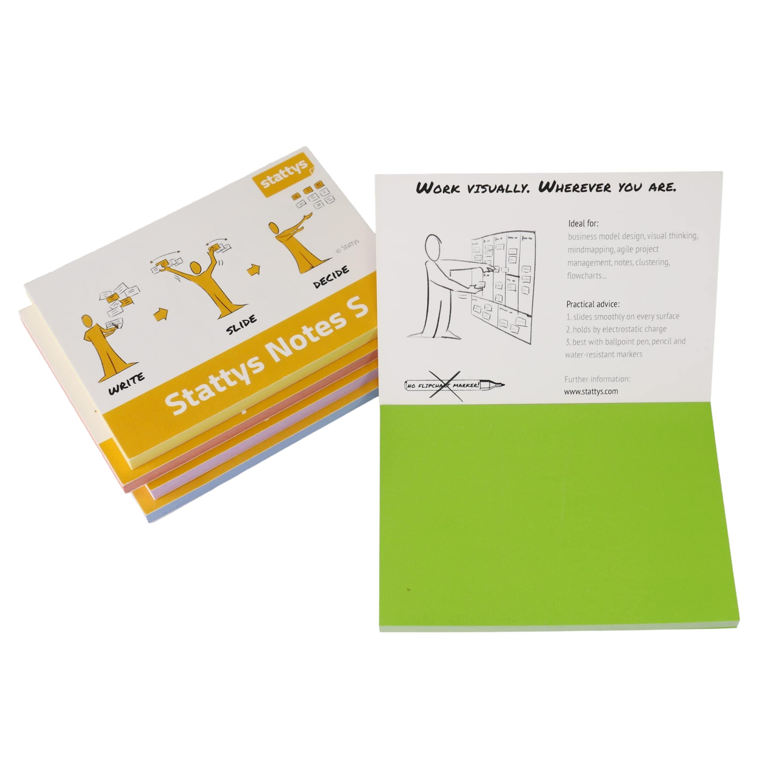 Stattys Notes, self-Adhesive electrostatic Magnetic Notes, Stick to All Smooth Surfaces, Visualize, Move and Structure Ideas and topics, Set of 5, in Size S (10 x 7 cm), 5-Colors Mix