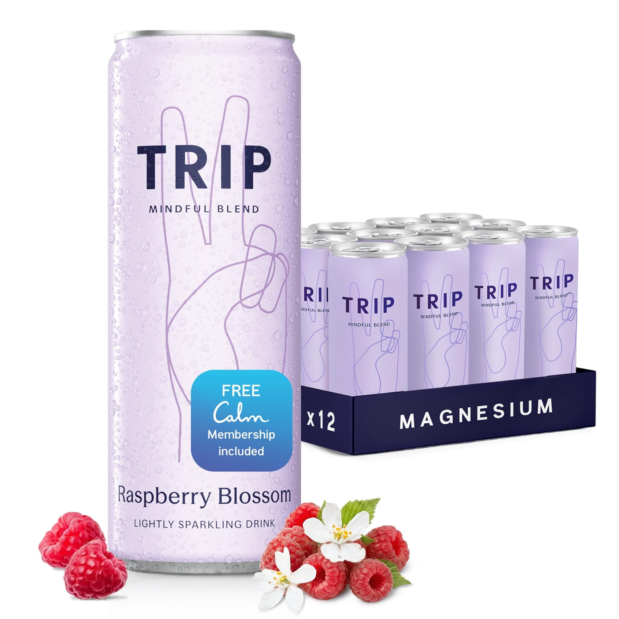 Trip Mindful Blend, Lightly Sparkling Adaptogen Seltzer, Mocktail w/ 120mg Magnesium Citrate with Ashwagandha, Lions Mane & L Theanine, No Added Sugar, Vegan, Raspberry Orange Blossom, 12 Oz, 12Pk