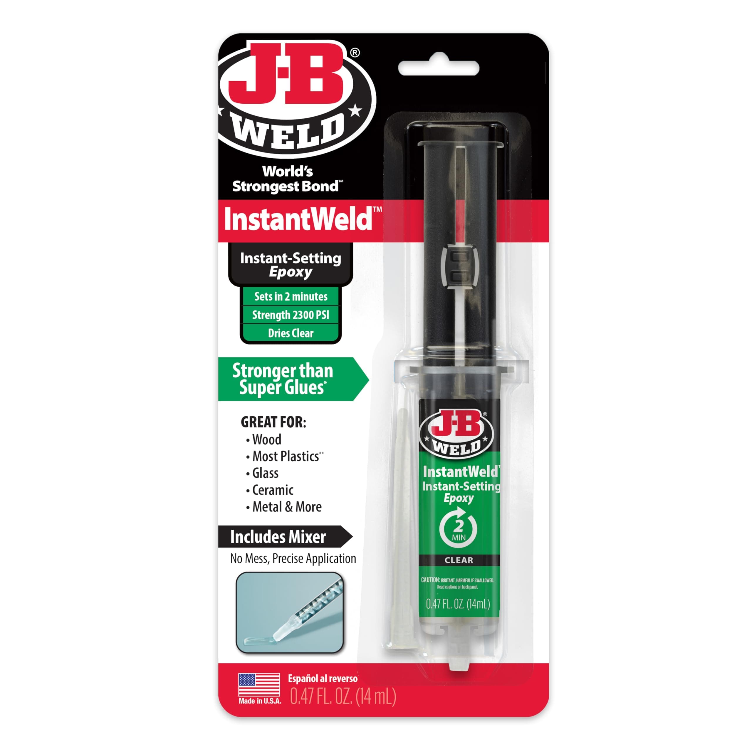 J-B Weld InstantWeld - Clear, 2 Minute Set Epoxy Adhesive, Static Mixer No Mess Application - 14ml