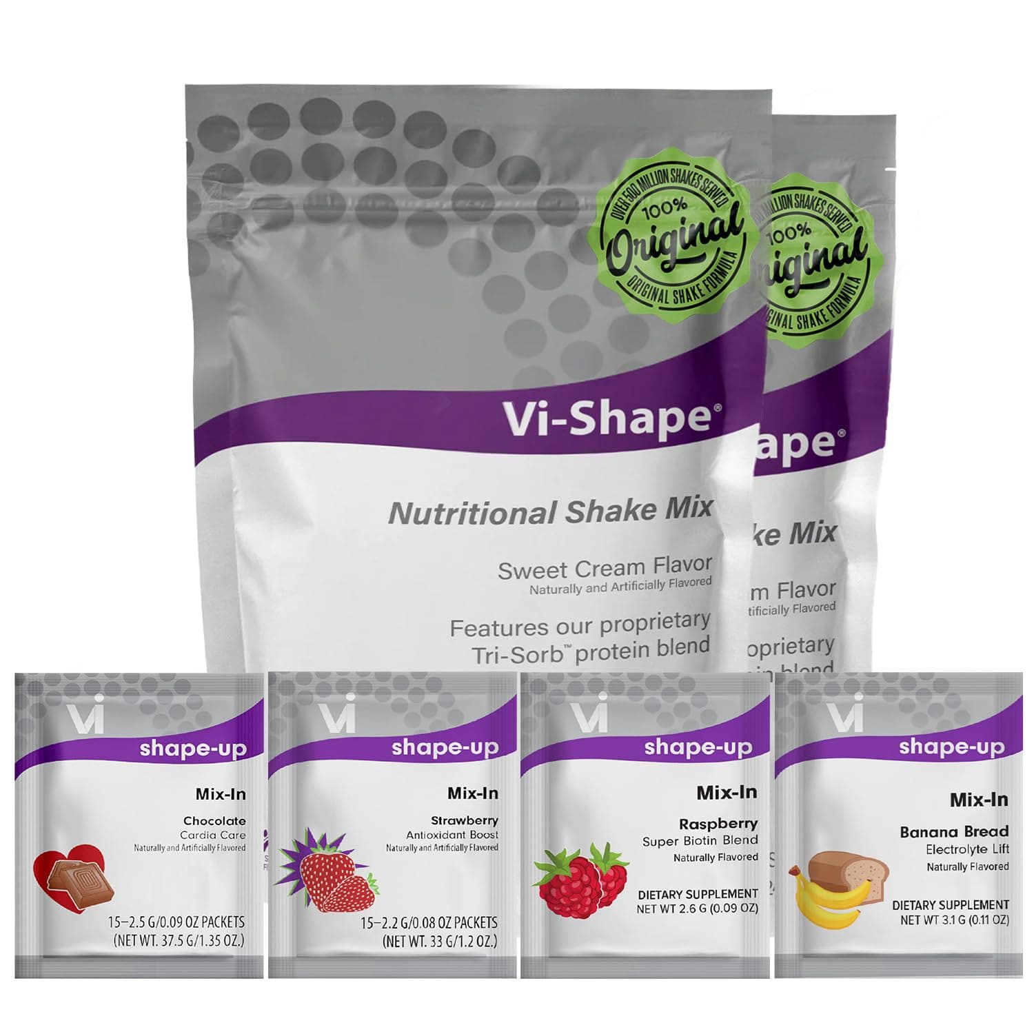 Vi-Shape - 4 Flavor Variety Pack Nutritional Meal Replacement Shake Mix-Ins - Chocolate, Strawberry, Raspberry, Banana Bread - 60 Mixed Flavor Packets