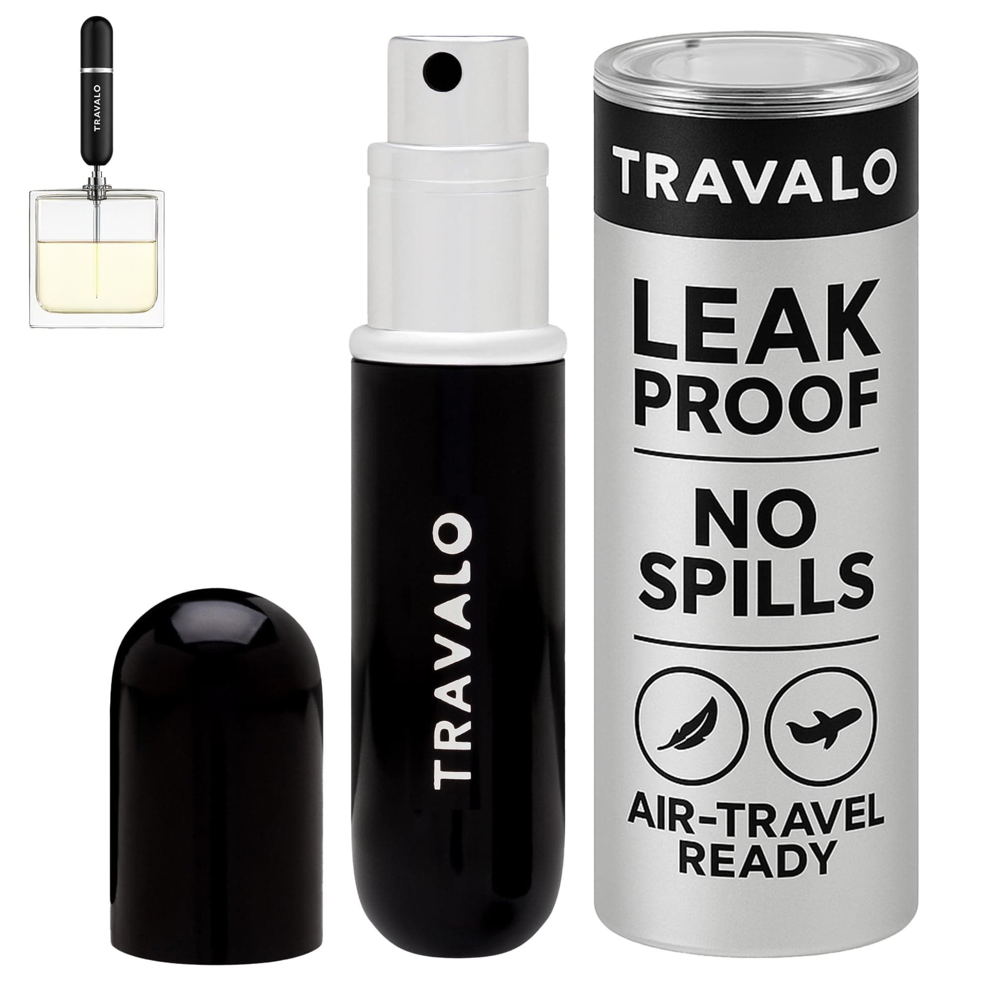 Classic HD Perfume Atomizer - Leak-Proof and TSA Approved for Air Travel - Reusable, Airtight, Easy-Fill Mini Pump Sprayer - Lightweight, Elegant Design w/Volume Window - Black 0.17oz