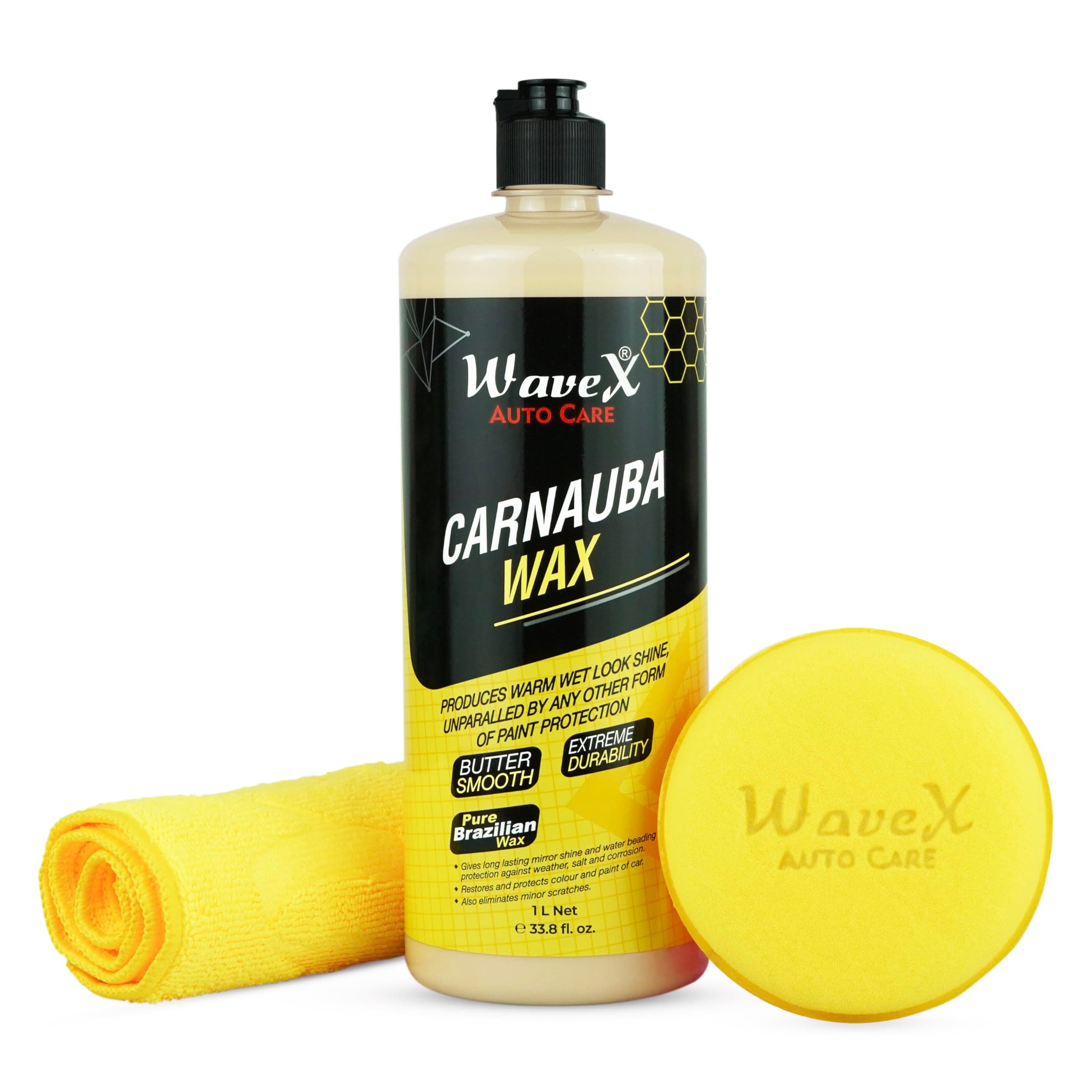 - Wavex Carnauba Wax Car Polish (1 L) Combo | Includes Microfiber and applicator Pad | Car Wax that Provides Deep Wet Shine | Car Wax Polish for Car Paint, Headlights & Chrome Components