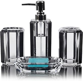 4-Piece Black Bathroom Accessories Set — Soap Dispenser, Soap Dish, Mouthwash Cup & Toothbrush Holder, Glossy Acrylic with Brushed Black Accent, Vanity Countertop Organizer
