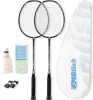 Badminton Racket Set with 2 Carbon Fiber Rackets, 3 Shuttlecocks, 2 Replacement Racket Grip Tapes and 1 Badminton Bag - Perfect for Beginners & Outdoor Games 4U