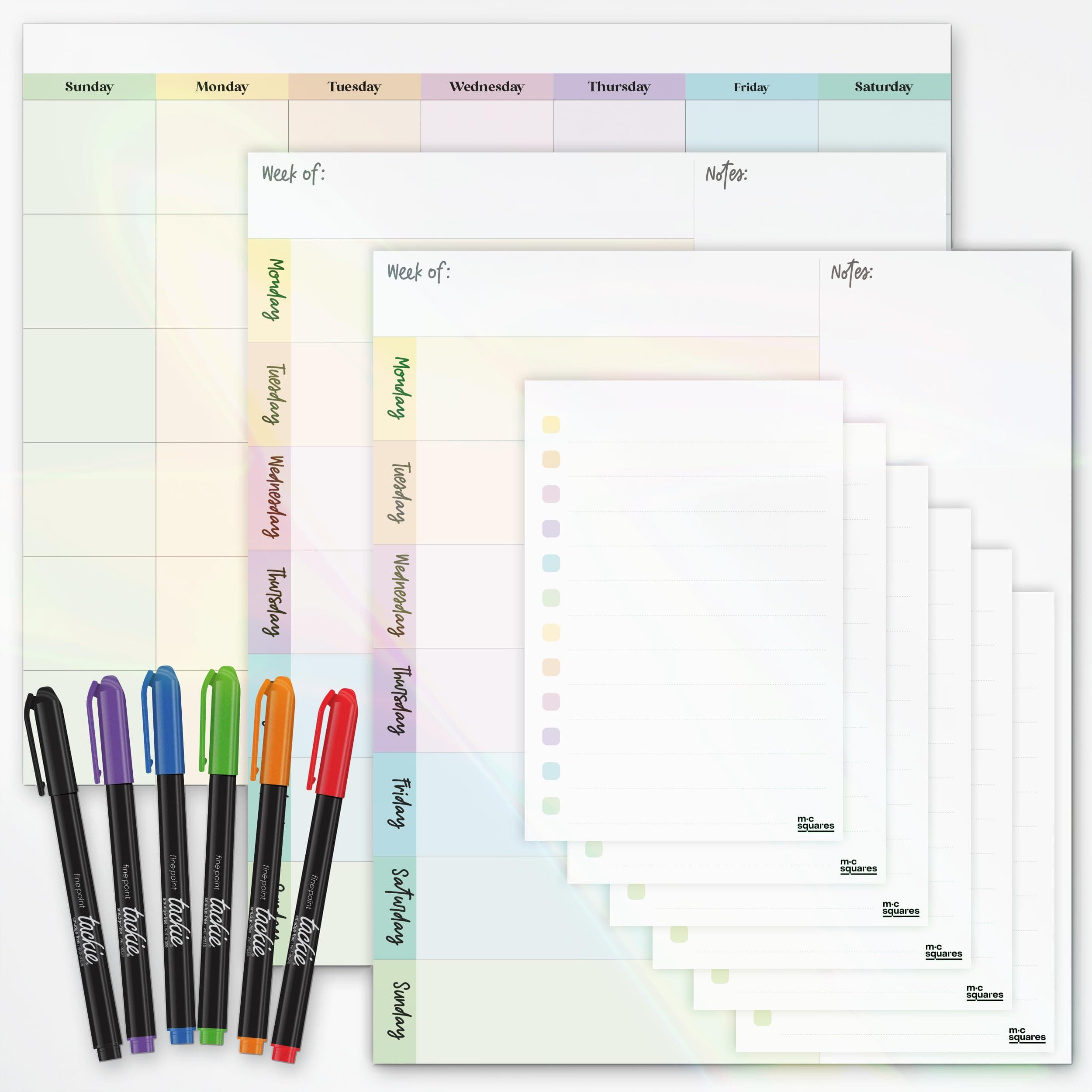 M.C. Squares Dry Erase Large 9-Piece Bundle | Reusable Cling White Board Calendar, Weekly Planners, & to Dos | Home, Office, School | with 6 Wet Erase Tackie Markers | USA Made