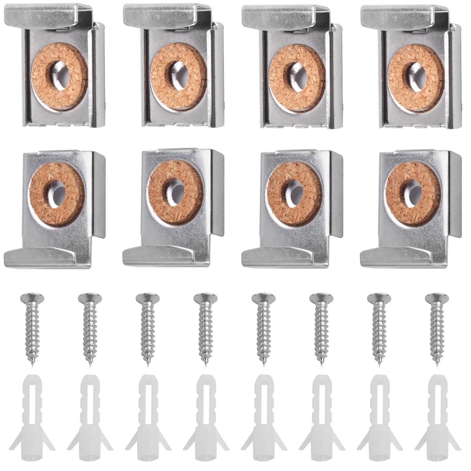 Mirror Hanger Clips Set, 2 Sets (8 Pieces) Unframed Mirror Mount Clips, Metal Spring Loaded Mirror Hanger Clips with Screws and Rawl Plugs