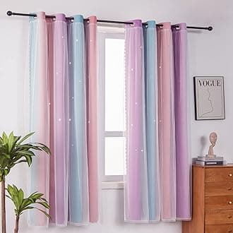 FANLI Ombre Rainbow Blackout Curtains for Kid Girls Bedroom Living Room Darking Stripe Double Layer Star Cut Out Wall Home Decor Gradient Grommet Window Curtains (Pink Purple, 52W x 72L)…