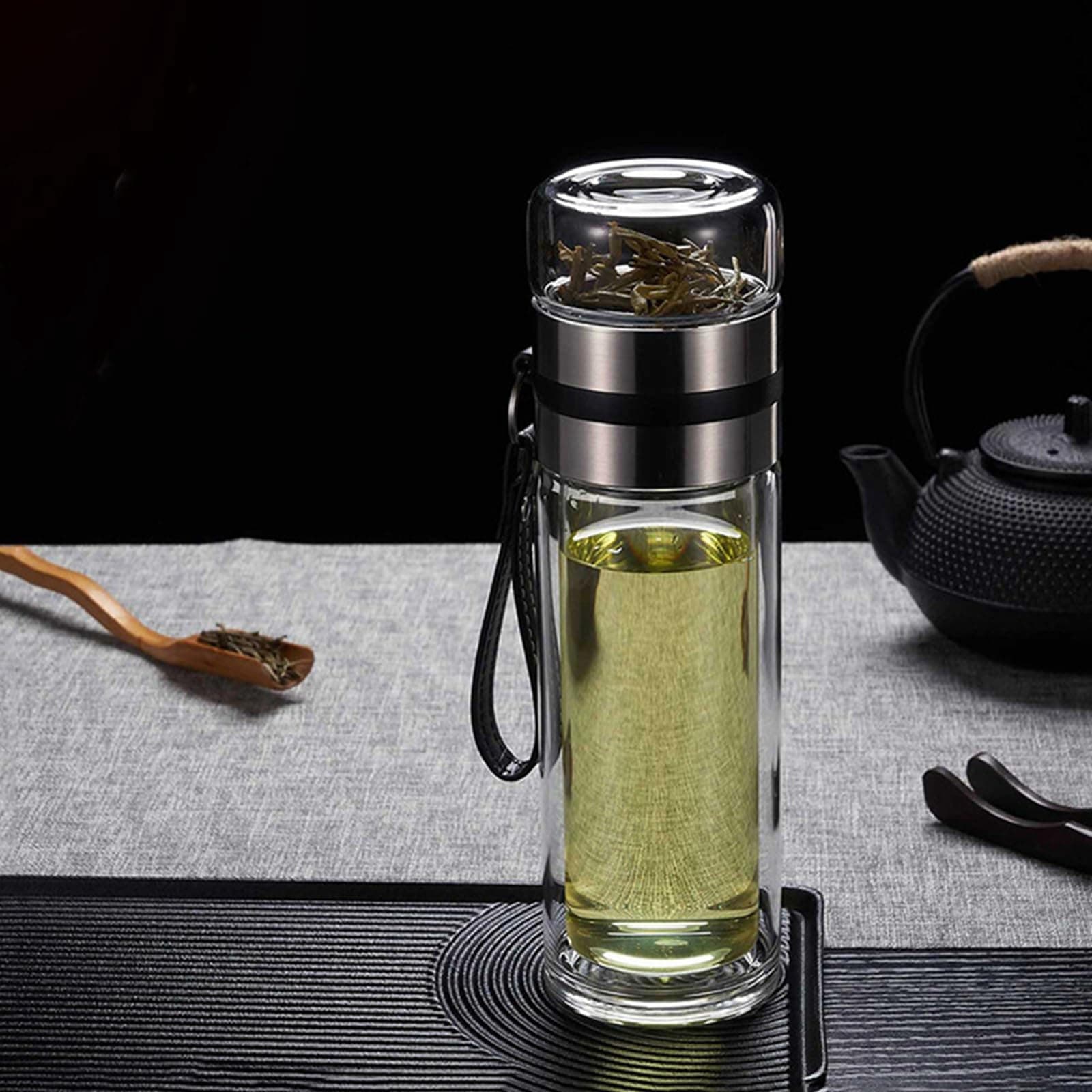 450ml Tea Infuser Bottle Glass Tea Infuser Silver Double Wall Glass Tea Cup with Stainless Steel Filter Double Wall Borosilicate Glass