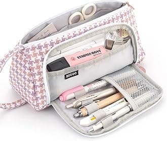 EASTHILL Big Capacity Pencil Case Canvas High Large Storage Pouch Marker Pen Case Simple Stationery Bag School College Office Organizer for Teens Girls Adults Student-Plaid Pink