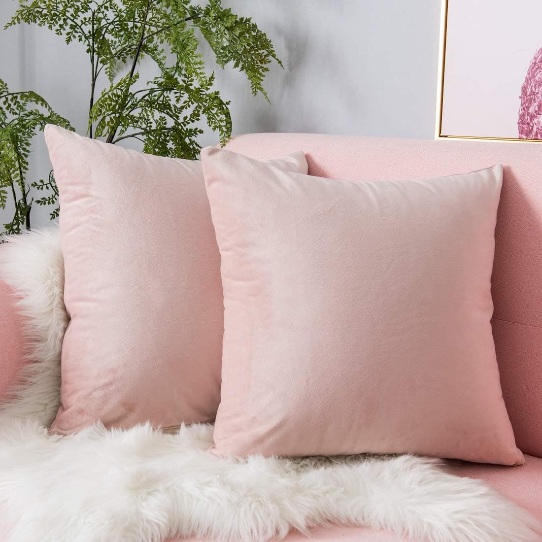 Yamonic Velvet Soft Soild Microfiber Decorative Square Pillow Case Throw Cushion Cover for Sofa Bedroom Car with Invisible Zipper (18"x18",2 Pieces, Pink)