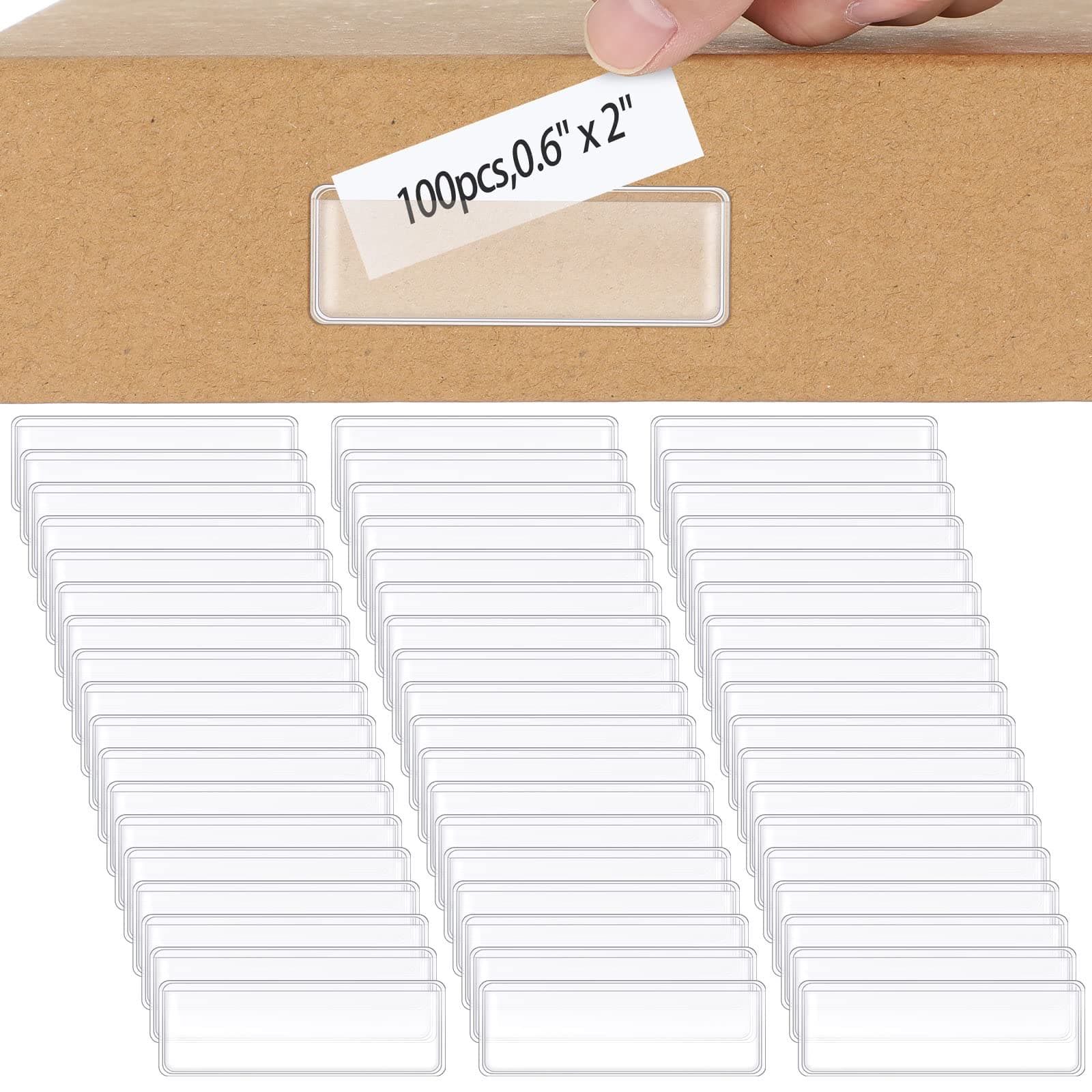 Jeyiour 100 Pcs Label Holders Adhesive Nameplate Pockets Storage Bin Labels Index Card Holder Shelf Plastic Peel Stick for Classroom Supermarket Bookshelf Library Student Box Drawer (2 x 0.6 Inch)