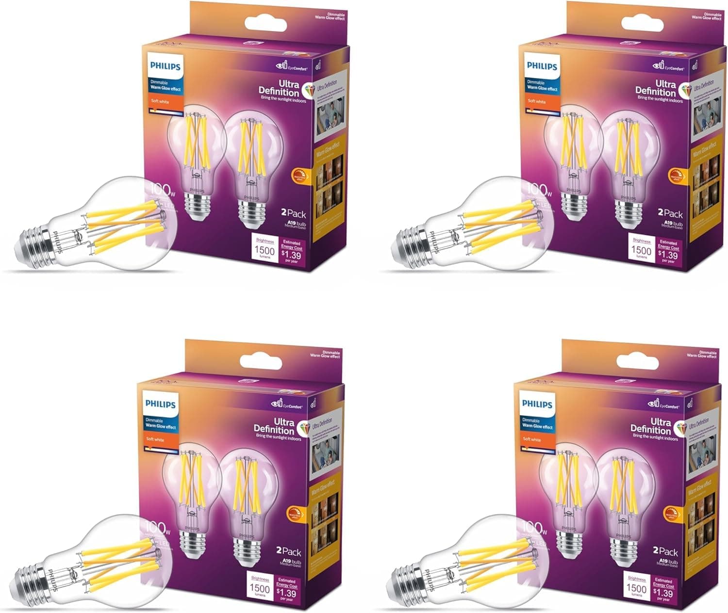 60W A19 8-Pack Ultra Definition Soft White (2700K) 800 Lumen (8W = 60W) Dimmable Frosted Flicker-Free Light Bulbs