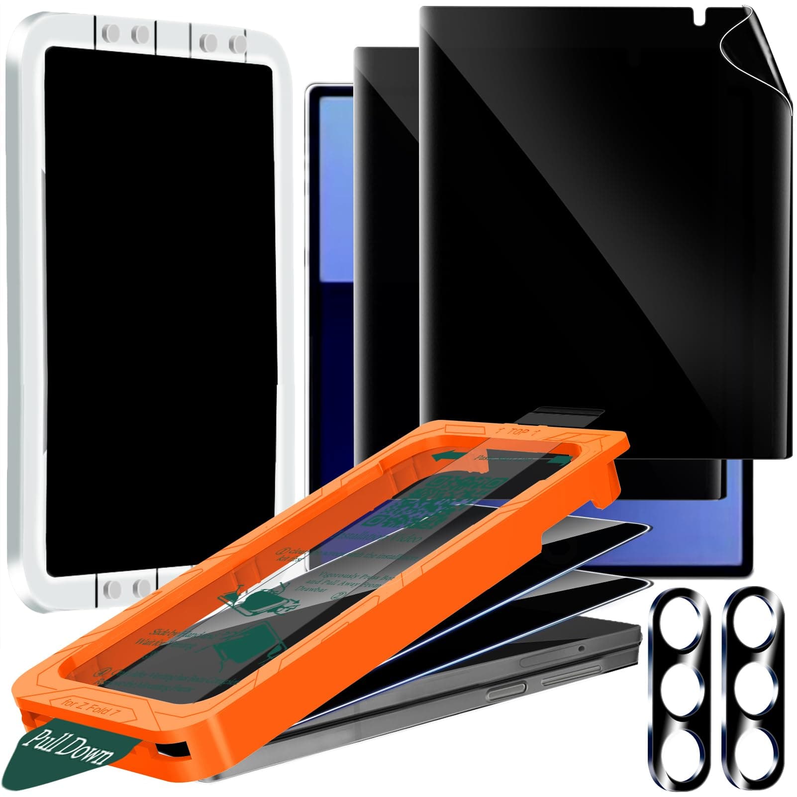 [Auto-Dust Removal] 2 Pack Privacy Screen Protector for Samsung Galaxy Z Fold 7, 2 Inside Anti-Spy Film + 2 Front Tempered Glass + 2 Camera Lens Protector Accessories with Installation Frame