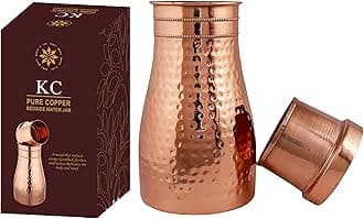 KC Pure Water Bottle Hammered Design | Pitchers | Water Jug | Bedroom Jar | Bedside Carafes With Tumbler/Glass With Lid | With Lacqure Coating 1000 Ml Large Copper