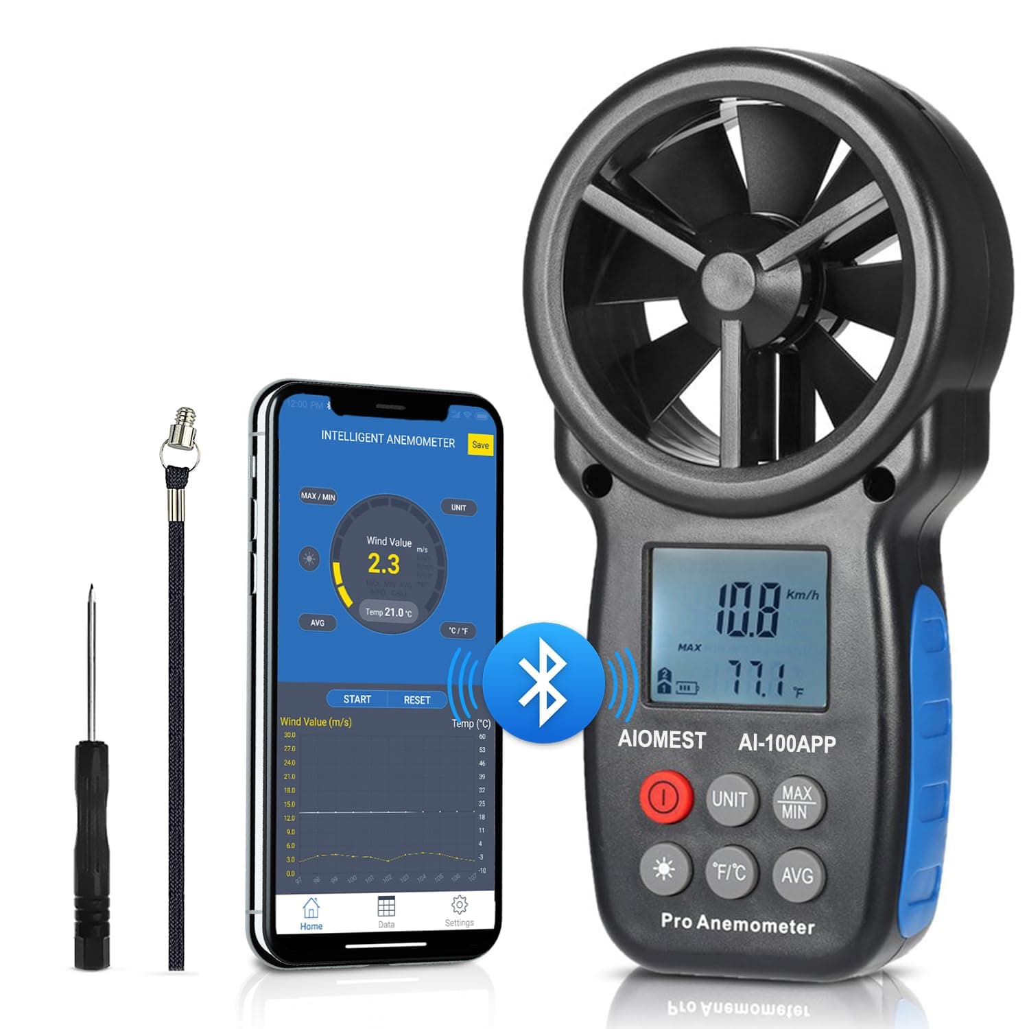 AIOMEST Digital Anemometer AI-100APP Wind Speed Measuring Device Android/iPhone Compatible W/Data Logging for Air Flow Velocity Wind Temperature Wind Chill Gauge Tester