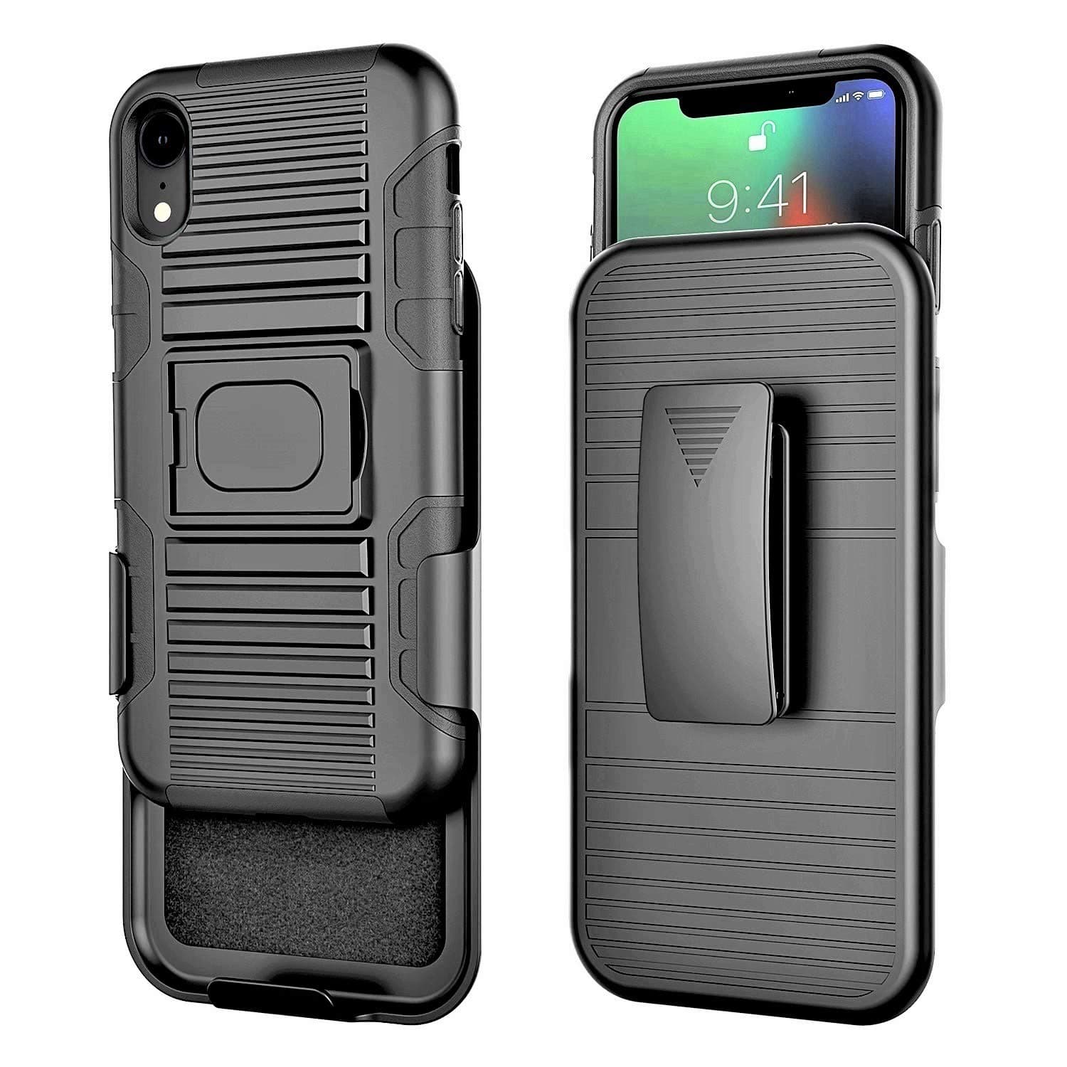 Stronden iPhone XR Belt Case - Holster Case Belt Clip (Rubberized Grip) Slim Fit Protective Cover with Kickstand, Combo Shell Holder for iPhone XR (Black)