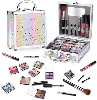 YBUETE Beginner Makeup Kit for Teen Girl Women, Makeup Present for Her, Makeup Set with Cosmetic Train Case Included Eyeshadow Blush Lip Gloss Lip Liner Mascara Eyeliner Mirror (Pink)
