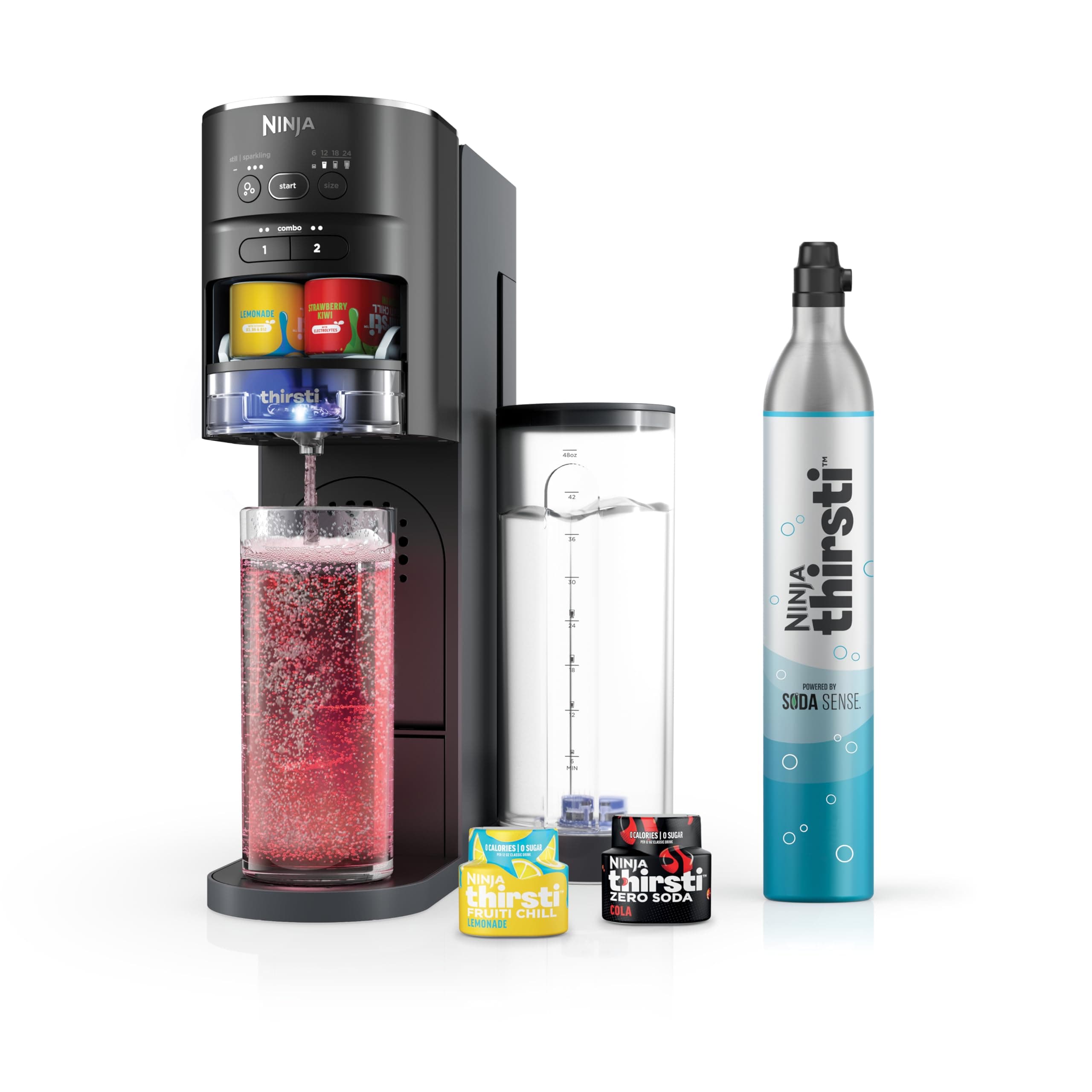 Ninja Thirsti Drinking System, Soda Maker, Create Unique Sparkling & Still Drinks, Customize Size & Flavor, Carbonated Water Machine, 60L CO2 Cylinder & Various Flavor Droplets, Black WC1001