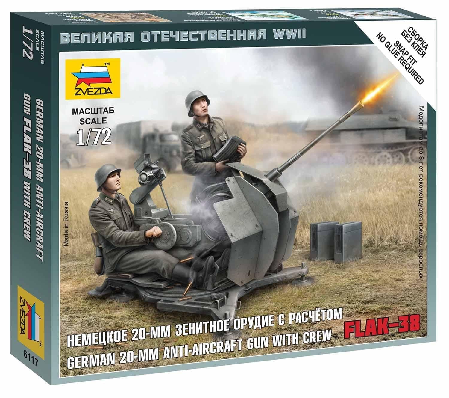6117 German with Crew (-) (-) 1:72 German 2 cm Flak 38 Model Kit, Plastic Kit, Assembly Kit, Detailed Replica, Unpainted, One Size