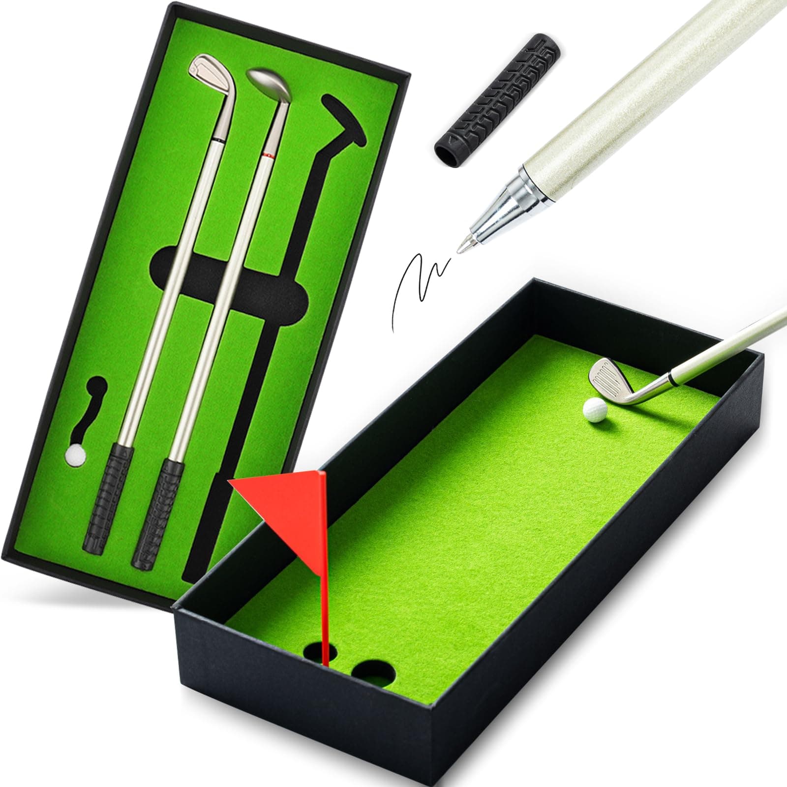 Golf Pen Gift Set with Desktop Putting Green, Mini Golf Club, Ball & Flag - 3-in-1 Office Desk Toy & Sports Decor, Ideal for Father's Day, Mother's Day, Valentine's Day Gifts