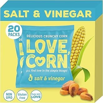LOVE CORN Salt & Vinegar | Delicious Crunchy Corn Snacks | .07oz x 20 Gluten Free, Vegan Bags | Convenient for Lunch Boxes, Commuting & Office Snacks