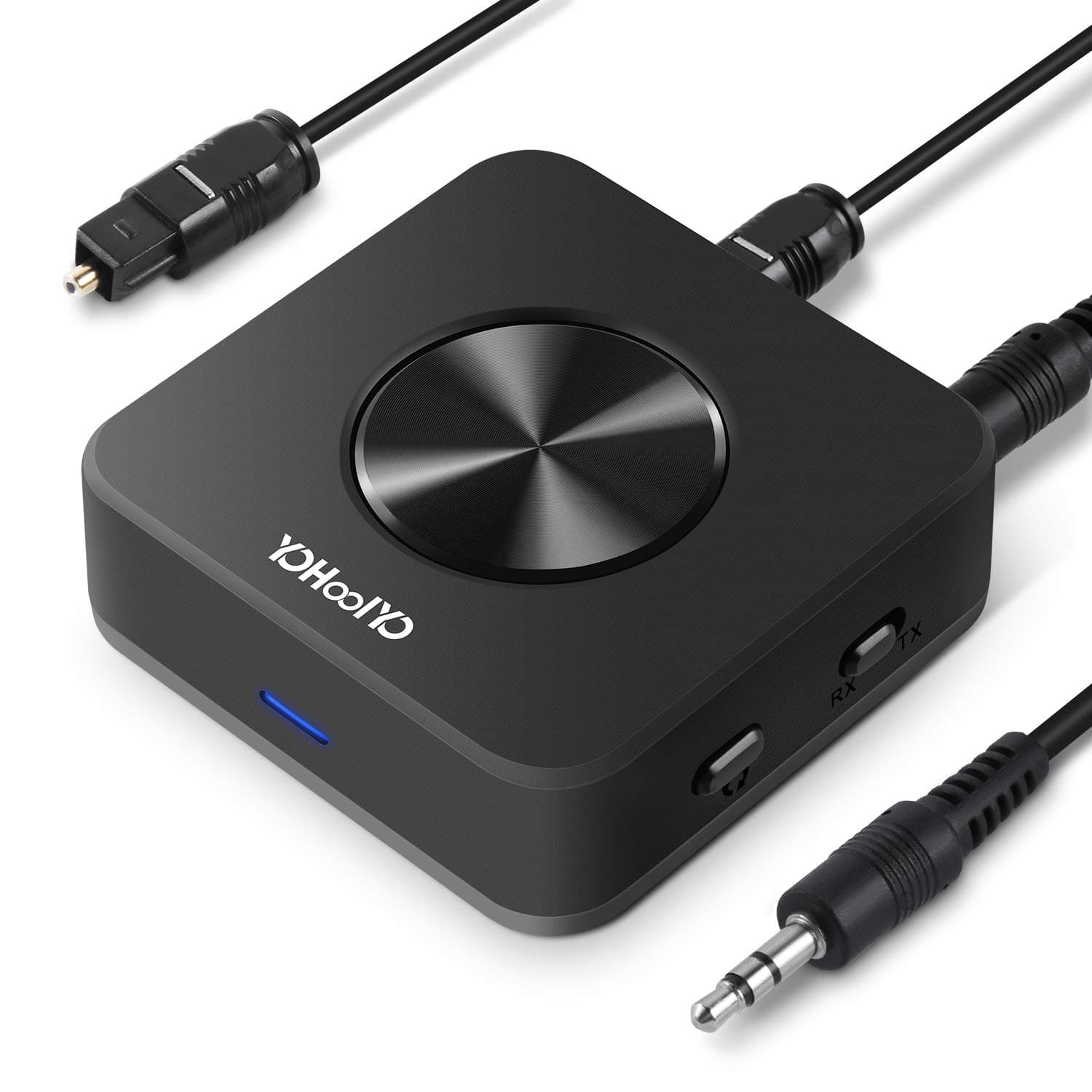 YOHOOLYO Bluetooth 5.0 Transmitter Receiver AptX HD Low Latency Audio for TV Car PC, Black, Battery Powered, Aux, Optical TOSLINK, 3.5mm Aux, RCA Cables