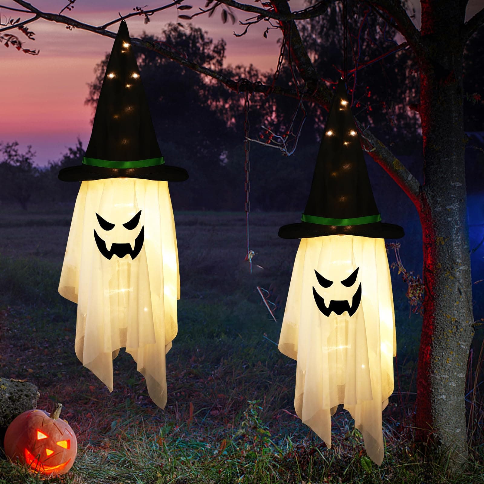 Halloween Decorations Outdoor Hanging Lighted Decor Glowing Ghost Witch Hat Spooky Halloween Decorations Indoor Outside Ornaments Clearance White Halloween String Lights for Party Patio Tree (2Pcs)