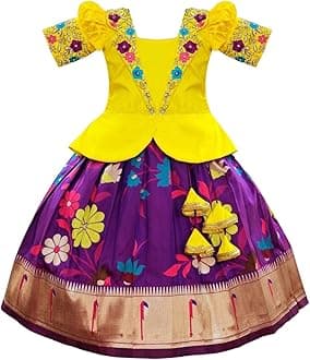 White ButtonSatin New South Indian Traditional Collar Digital Pattu Pavadai Readymade Lehenga Choli For Girl's Dress