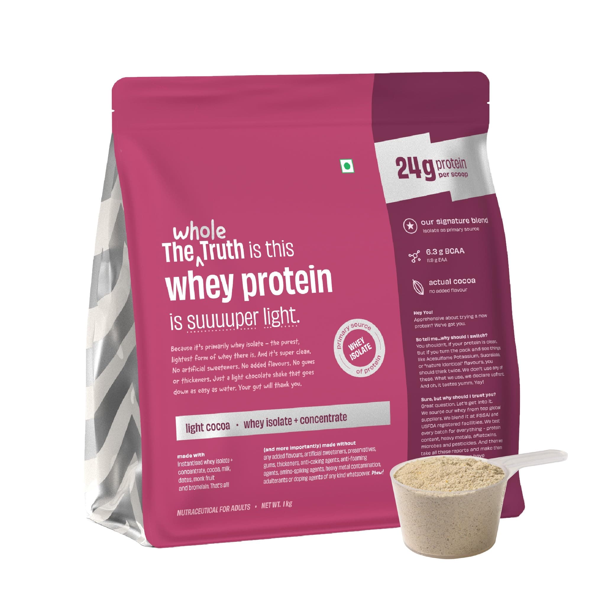 The Whole Truth Whey Protein Isolate+Concentrate | Light Cocoa 1kg (2.2 lbs) | 24g Protein per scoop | 6.3g BCAA | No Adulteration | Clean, Light & Easy to Digest | Vegetarian | No Artificial Flavours